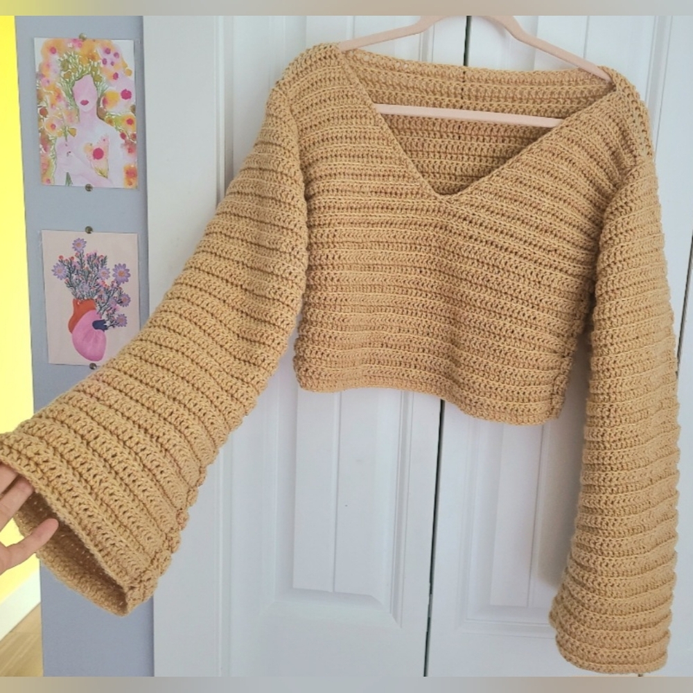 100% Wool Handmade Cozy Knit V-Neck Sweater in Yellow/Tan